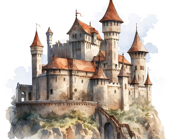 Medieval Castle Clipart, Old Castles Images, 10 Watercolor Clip Art, Printable JPGs, Instant Download, Commercial Use, Paper craft