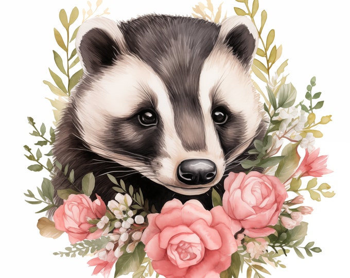 Badger Clipart, Badger with Flowers Images, 10 Watercolor Clip Art, Printable JPGs, Instant Download, Commercial Use, Paper craft