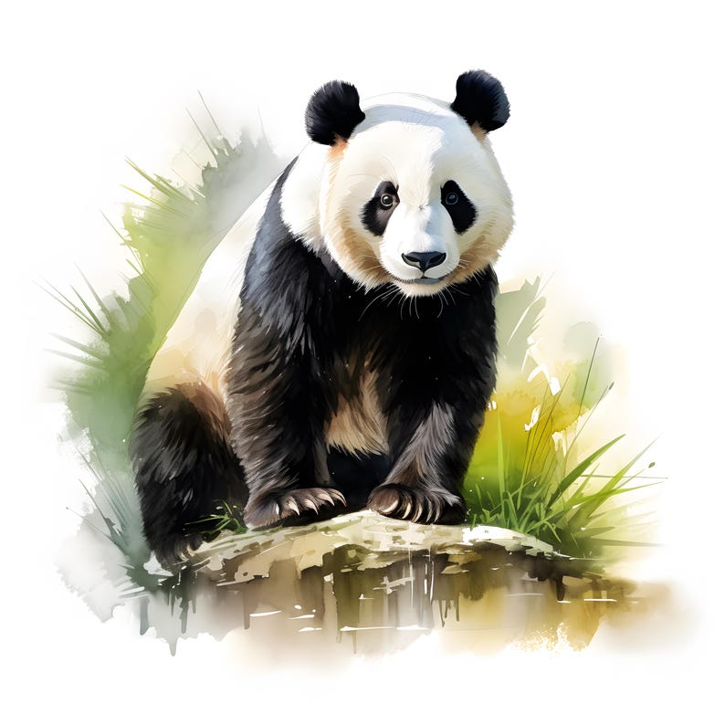 May include: A black and white panda bear sitting on a rock with green grass and a watercolor background.
