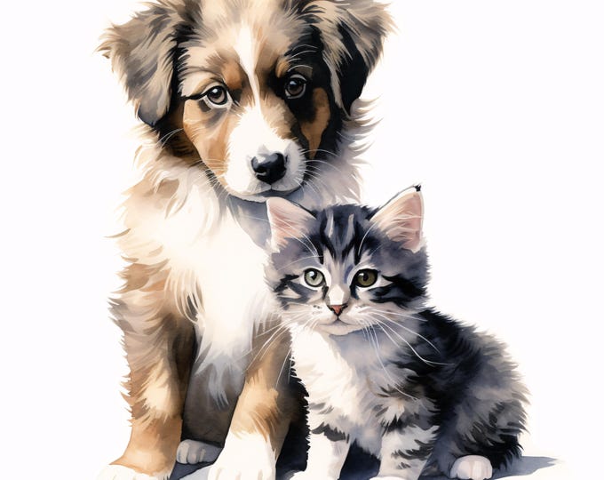 Puppy and Kitten Clipart, Cute Pet Images, 10 Watercolor Clip Art, Printable JPGs, Instant Download, Commercial Use, Paper craft