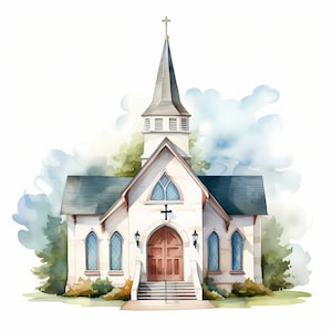 Tiny Church Clipart, Old Chapel Images, 10 Watercolor Clip Art, Printable JPGs, Instant Download, Commercial Use, Paper craft