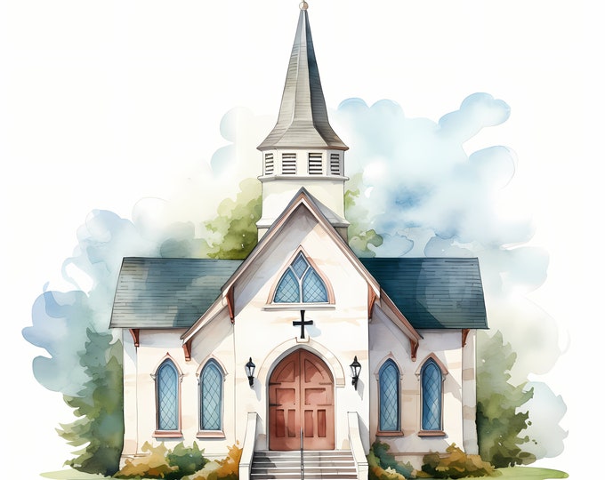 Tiny Church Clipart, Old Chapel Images, 10 Watercolor Clip Art, Printable JPGs, Instant Download, Commercial Use, Paper craft