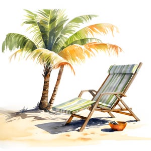 Watercolor Palm Tree Beach Clipart: Lounger JPG Images (Commercial Use)