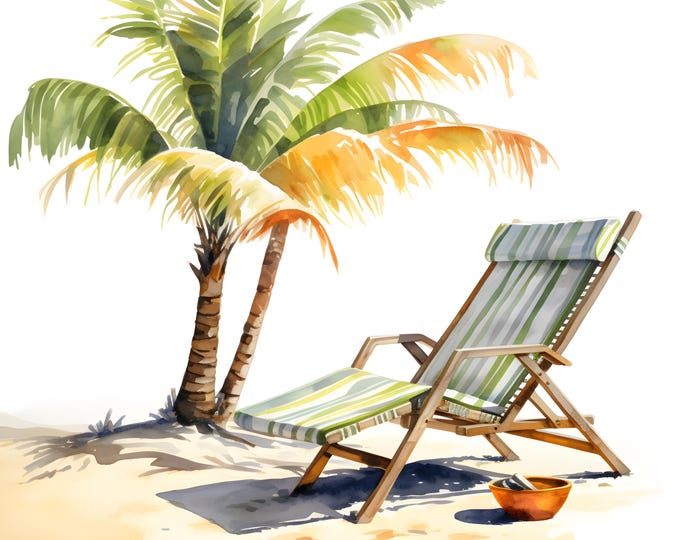 Palm Tree Beach Clipart, Beach Chair Lounger Images, 10 Watercolor Clip Art, Printable JPGs, Instant Download, Commercial Use, Paper craft