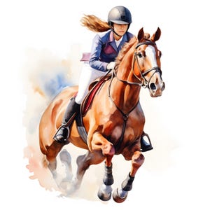 Watercolor Horse Jumping Clipart: Equestrian Sport Images (JPGs, Instant Download)