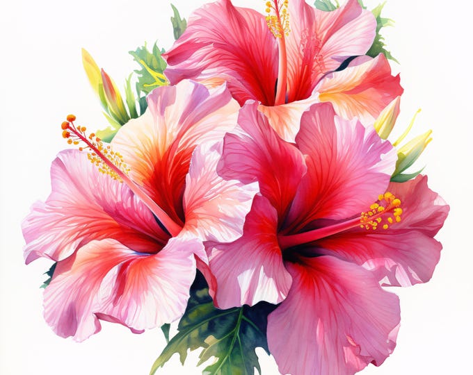 Watercolor Hibiscus Clipart: Tropical Flower Art, Exotic Botanical Images (JPGs, Commercial Use