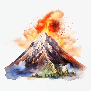 Volcano Clipart, Volcano Landscape Images, 10 Watercolor Clip Art, Printable JPGs, Instant Download, Commercial Use, Paper craft