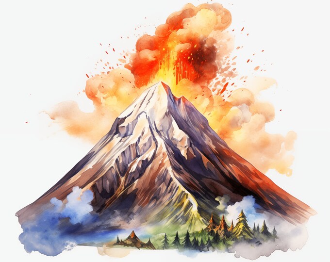 Volcano Clipart, Volcano Landscape Images, 10 Watercolor Clip Art, Printable JPGs, Instant Download, Commercial Use, Paper craft