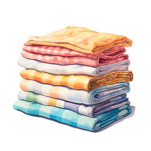 May include: A stack of six folded checkered tablecloths in various colors, including yellow, red, white, orange, blue, and green.