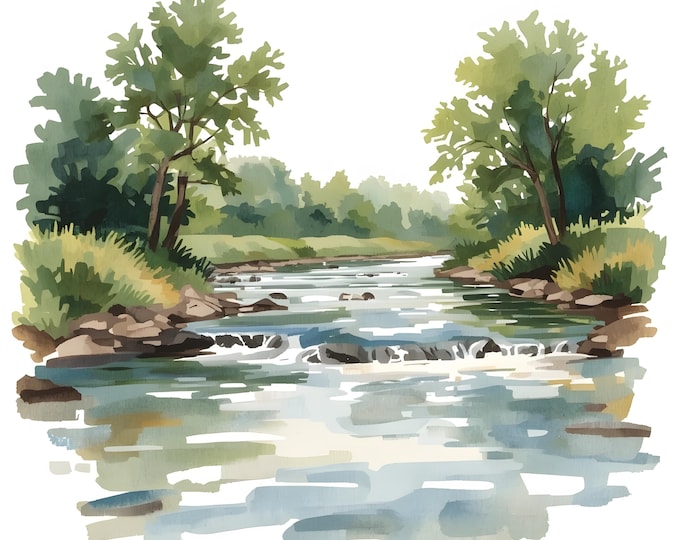 River Landscape Clipart, Nature Stream Images, 10 Watercolor Clip Art, Printable JPGs, Instant Download, Commercial Use, Paper craft