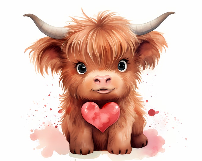 Highland Cow Clipart, Baby Cows Images, 10 Watercolor Clip Art, Printable JPGs, Instant Download, Commercial Use, Paper craft