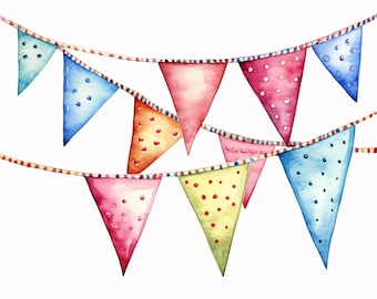 Bunting Clipart, Party Flags Images, 10 Watercolor Clip Art, Printable JPGs, Instant Download, Commercial Use, Paper craft
