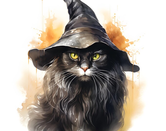 Witch Cat Clipart, Magic Black Cat Images, 10 Watercolor Clip Art, Printable JPGs, Instant Download, Commercial Use, Paper craft