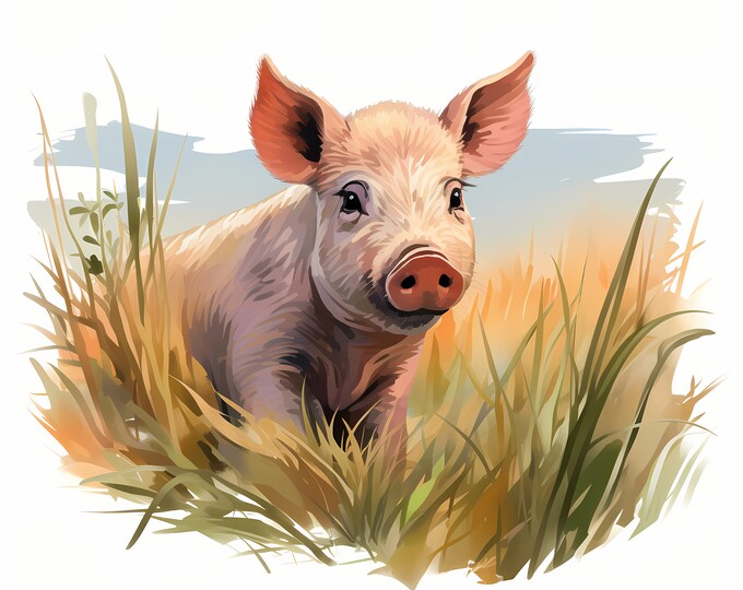 Pig in Meadow Clipart, Farm Pig Images, 10 Watercolor Clip Art, Printable JPGs, Instant Download, Commercial Use, Paper craft