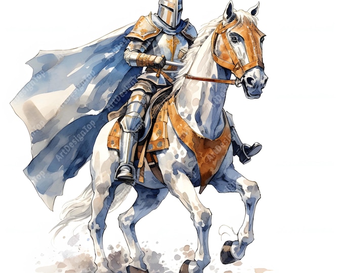 Medieval Knight Clipart, Knight On Horseback Images, 10 Watercolor Clip Art, Printable JPGs, Instant Download, Commercial Use, Paper craft