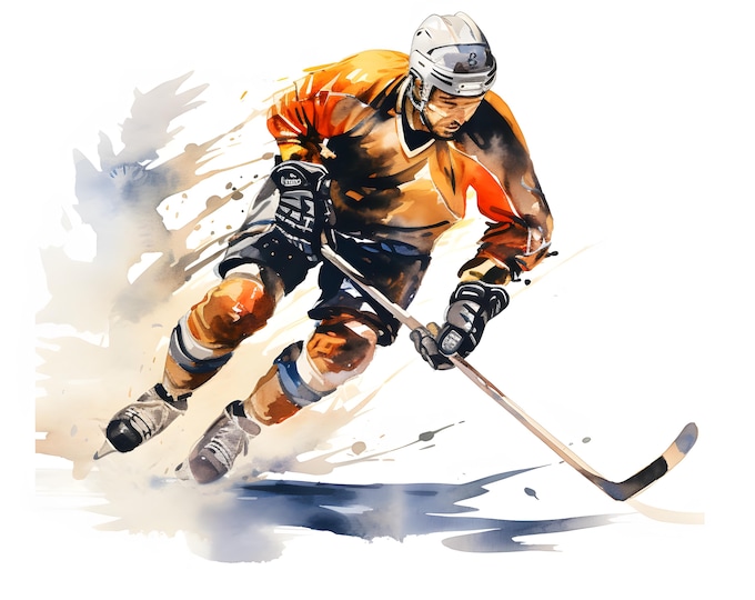 Hockey Clipart, Ice Hockey Player Images, 10 Watercolor Clip Art, Printable JPGs, Instant Download, Commercial Use, Paper craft