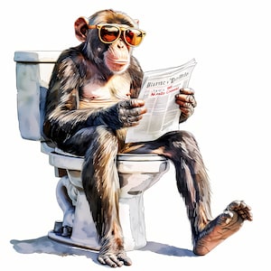 Clipart baviaan, afbeeldingen baviaan op het toilet, 10 aquarel-illustraties, afdrukbare JPG's, Instant Download, Commercieel gebruik, Papercraft