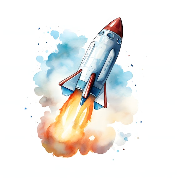 水彩ロケットのクリップアート：宇宙ロケットの画像（JPG、商用利用可