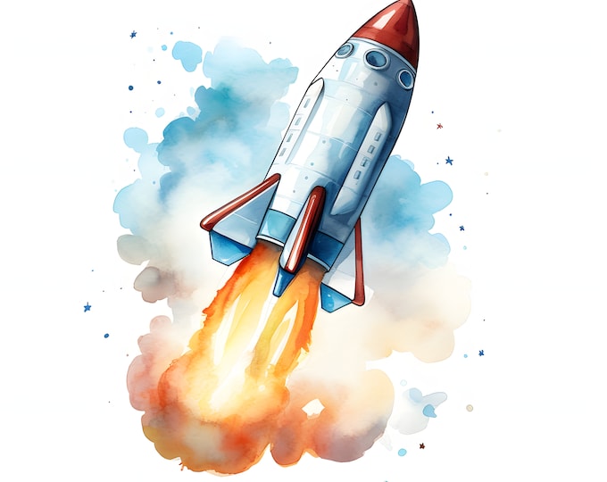 Cartoon Rocket Clipart, Space Rockets Images, 10 Watercolor Clip Art, Printable JPGs, Instant Download, Commercial Use, Paper craft