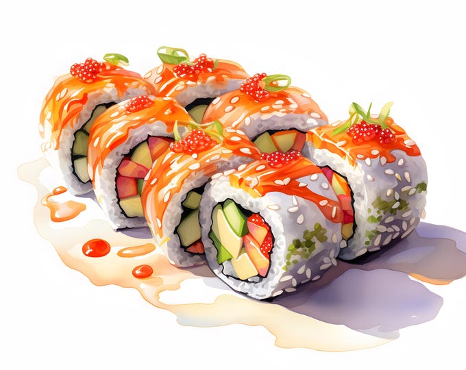 Futomaki Clipart, Japanese Sushi Images, 10 Watercolor Clip Art, Printable JPGs, Instant Download, Commercial Use, Paper craft
