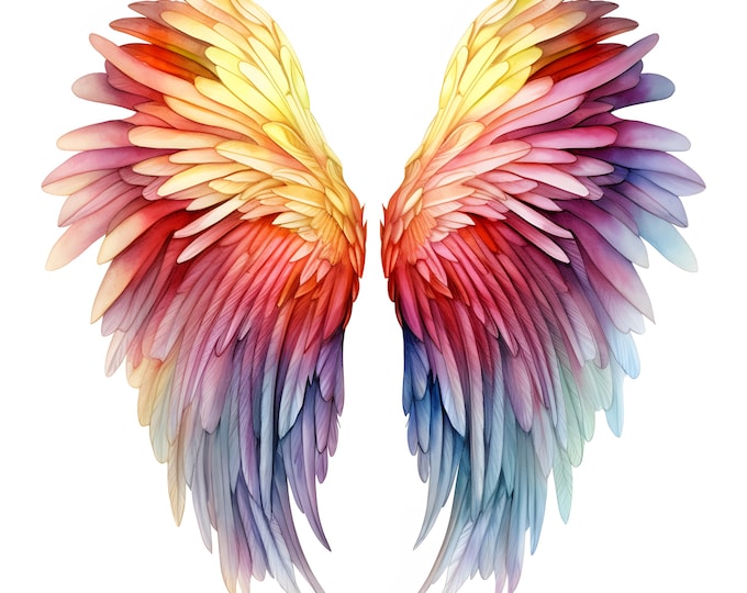 Rainbow Wings Clipart, Angel Wings Images, 10 Watercolor Clip Art, Printable JPGs, Instant Download, Commercial Use, Paper craft