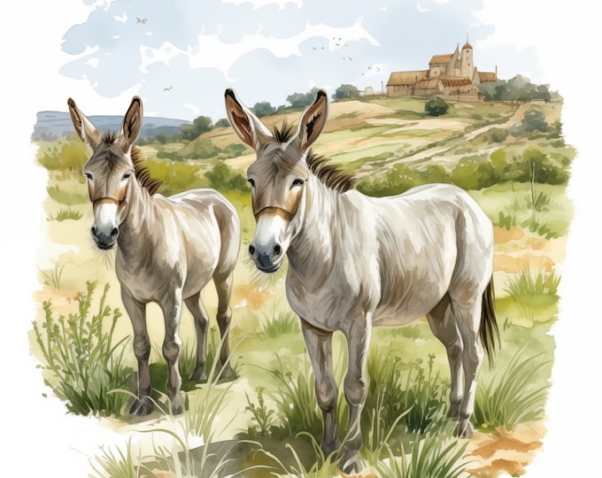 Donkeys Clipart, Donkey Images, 12 Watercolor Clip Art, Printable JPGs, Instant Download, Commercial Use, Paper craft, Farmyard Animals