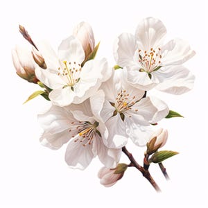 Puede incluir: Ilustración en acuarela de flores de cerezo blancas. La imagen presenta varias flores abiertas con delicados pétalos, estambres amarillos y tallos marrones. También son visibles algunos capullos y hojas verdes.