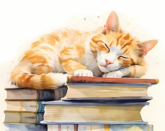 Cat Sleeping, Kitten Sleeping on Books - Watercolor Clipart Set with 10 JPG Images - Instant Download, Commercial Use, Digital Prints