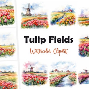 Tulip Field Clipart, Immagini dei tulipani olandesi, 10 clipart ad acquerello, JPG stampabili, Download istantaneo, Uso commerciale, Mestiere di carta