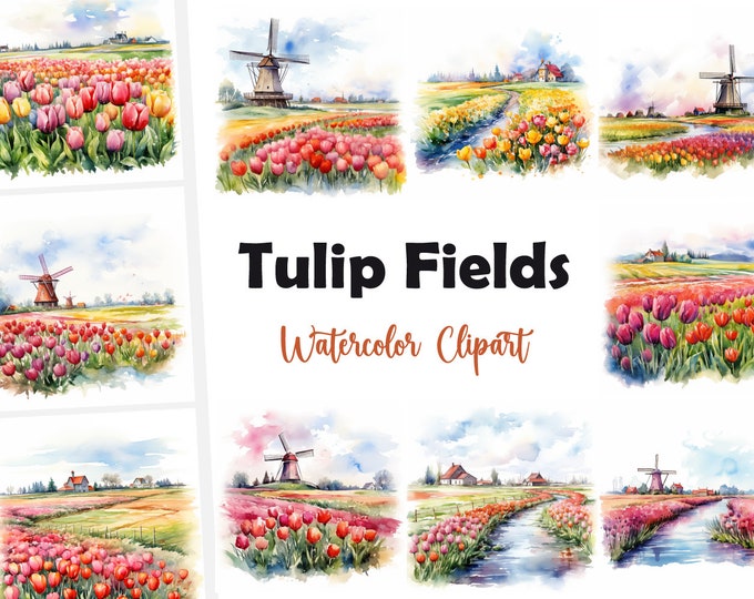 Tulip Field Clipart, Holland Tulips Images, 10 Watercolor Clip Art, Printable JPGs, Instant Download, Commercial Use, Paper craft