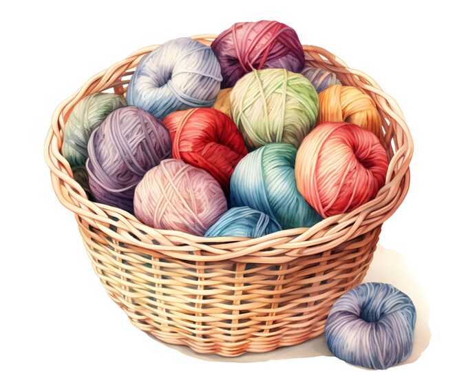 Knitting Basket Clipart, Yarn Balls Images, 10 Watercolor Clip Art, Printable JPGs, Instant Download, Commercial Use, Paper craft