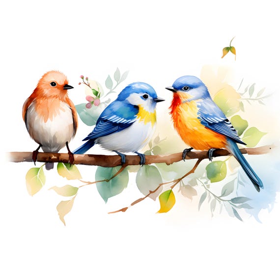 水彩画の鳥のクリップアート：春の鳥の画像（JPG 即時ダウンロード