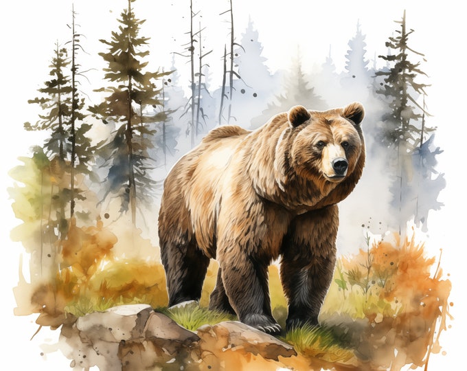 Grizzly Bear Clipart, Bear in Forest Images, 10 Watercolor Clip Art, Printable JPGs, Instant Download, Commercial Use, Paper craft