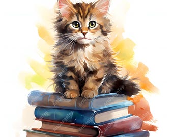 Cat Sitting Clipart, Cat on Books Images, 10 Watercolor Clip Art, Printable JPGs, Instant Download, Commercial Use, Paper craft