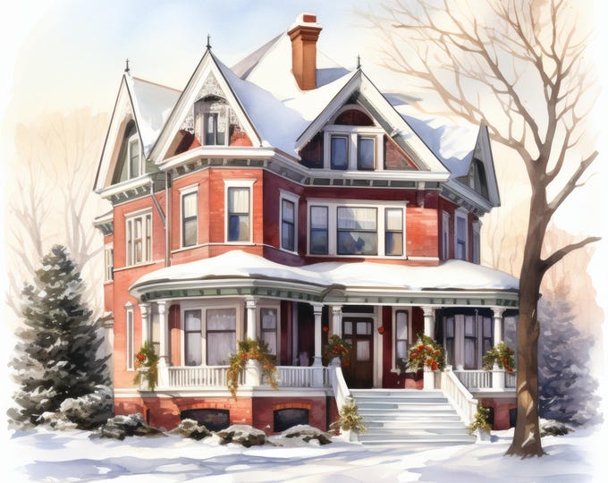 Winter House Clipart, Christmas Home Images, 10 Watercolor Clip Art, Printable JPGs, Instant Download, Commercial Use, Paper craft