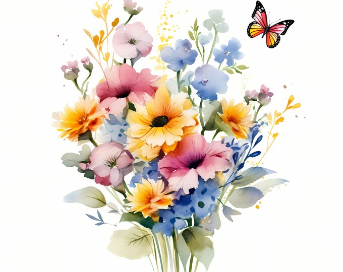 Flowers Bouquet Clipart, Wildflowers with Butterfly Images, 10 Watercolor Clip Art, Printable JPGs, Instant Download, Commercial Use