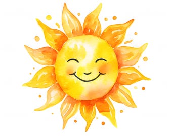 Smiling Sun Watercolor Clipart: Yellow Sun Images (JPG Digital Download)