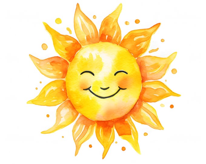 Smiling Sun Clipart, Yellow Sun Images, 10 Watercolor Clip Art, Printable JPGs, Instant Download, Commercial Use, Paper craft