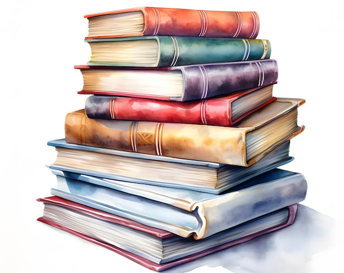 Books Clipart, Stack Of Books Images, 10 Watercolor Clip Art, Printable JPGs, Instant Download, Commercial Use, Paper craft