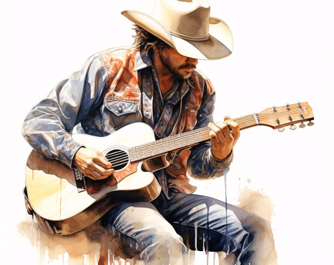 Cowboy Guitar Clipart, Western Music Images, 10 Watercolor Clip Art, Printable JPGs, Instant Download, Commercial Use, Paper Craft
