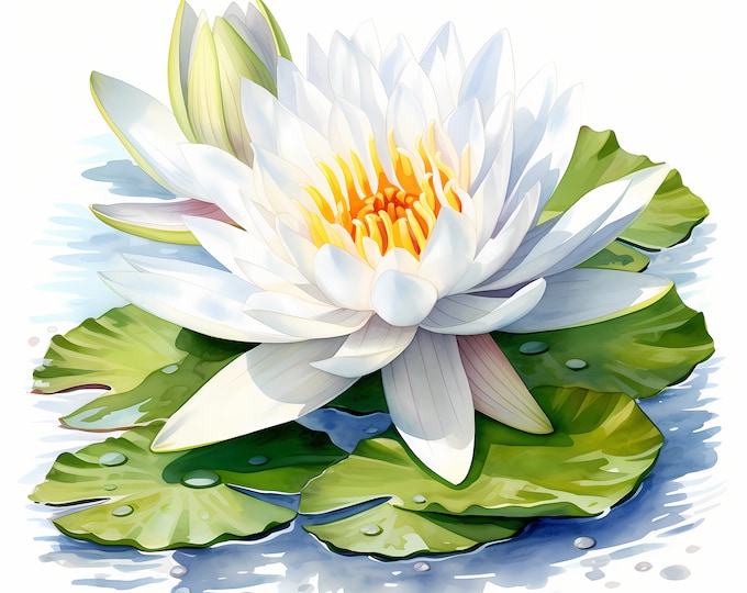 Water Lily Clipart, White Waterlilies Images, 10 Watercolor Clip Art, Printable JPGs, Instant Download, Commercial Use, Paper craft