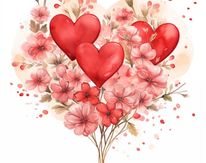 Hearts Bouquet Clipart, Adorable Bouquet Images, 10 Watercolor Clip Art, Printable JPGs, Instant Download, Commercial Use, Paper craft