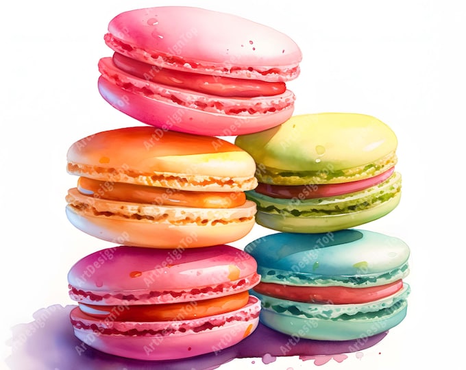 Macarons Clipart, Macaron Dessert Images, 10 Watercolor Clip Art, Printable JPGs, Instant Download, Commercial Use, Paper craft