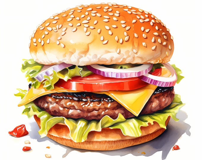 Hamburger Clipart, Tasty Burger Images, 10 Watercolor Clip Art, Printable JPGs, Instant Download, Commercial Use, Paper craft