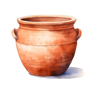 May include: A terracotta pot with two handles, painted in a watercolor style. The pot is a light brown color and has a slightly textured surface.