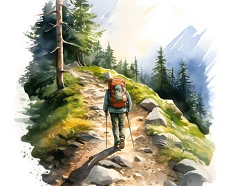 Watercolor Hiking Clipart: Traveler Images (JPG, Commercial Use)