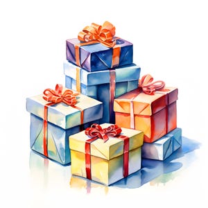 Watercolor Gift Boxes Clipart: Holiday Presents, Commercial Use (JPGs)