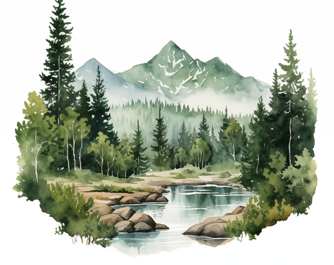 Evergreen Valley Clipart, Forest Valley Images, 10 Watercolor Clip Art, Printable JPGs, Instant Download, Commercial Use, Paper craft