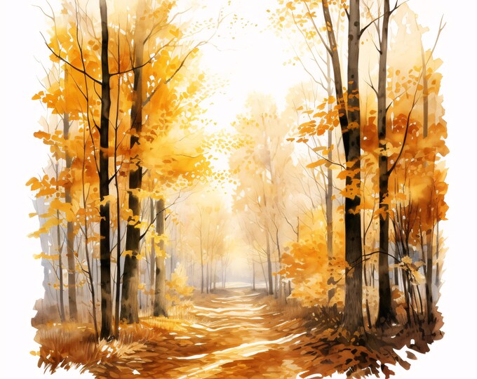 Watercolor Autumn Forest Path Clipart: Fall Landscape JPGs (Commercial Use, Instant Download)