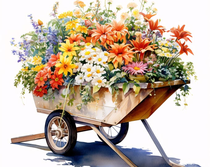 Flower Wheelbarrow Clipart, Garden Flower Cart Images, 10 Watercolor Clip Art, Printable JPGs, Instant Download, Commercial Use, Paper craft